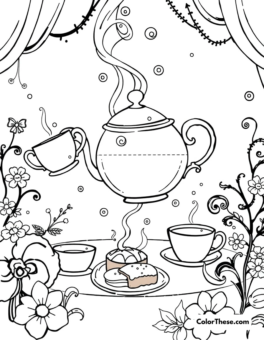 Free printable wonderland tea time coloring page. A whimsical tea party scene with floating teacups, swirling steam, and magical pastries.