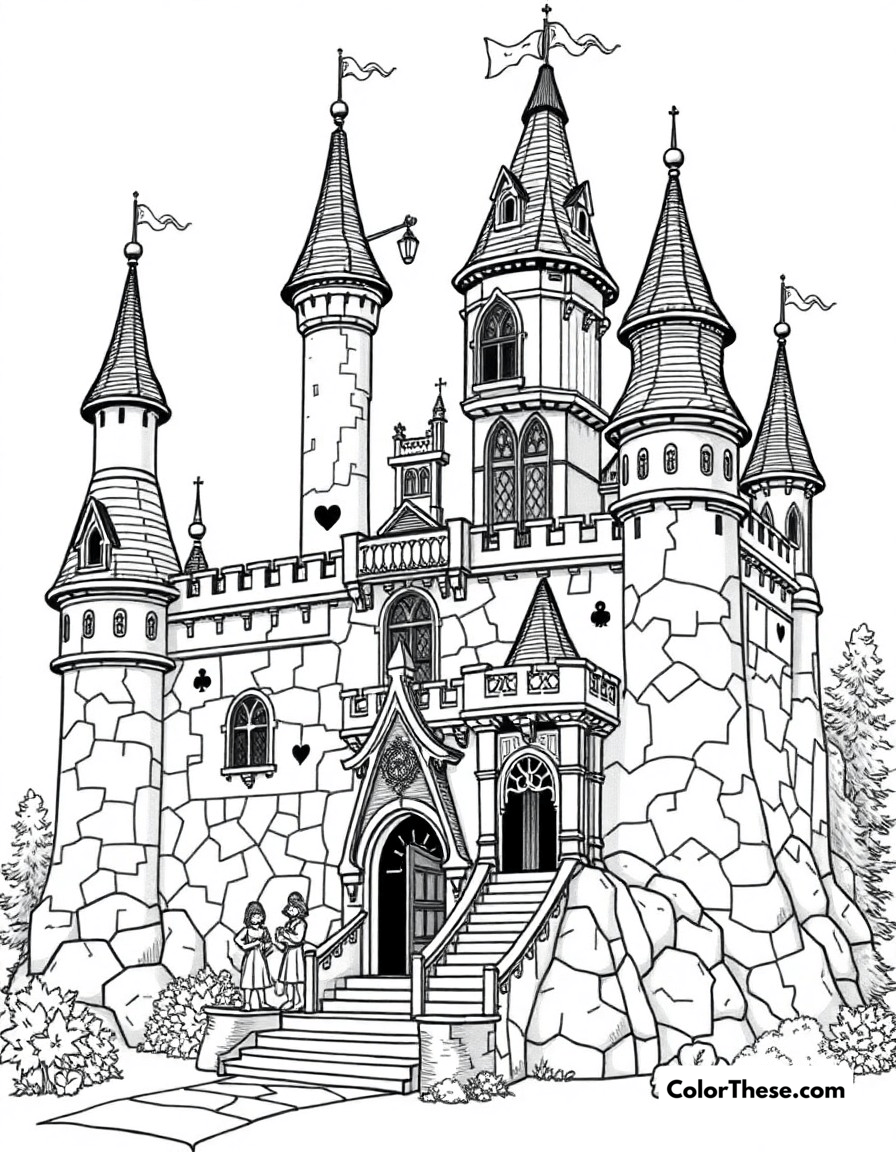 Free printable wonderland castle coloring page for kids and adults - A the magnificent wonderland castle with its quirky architecture and playing card guards standing watch.