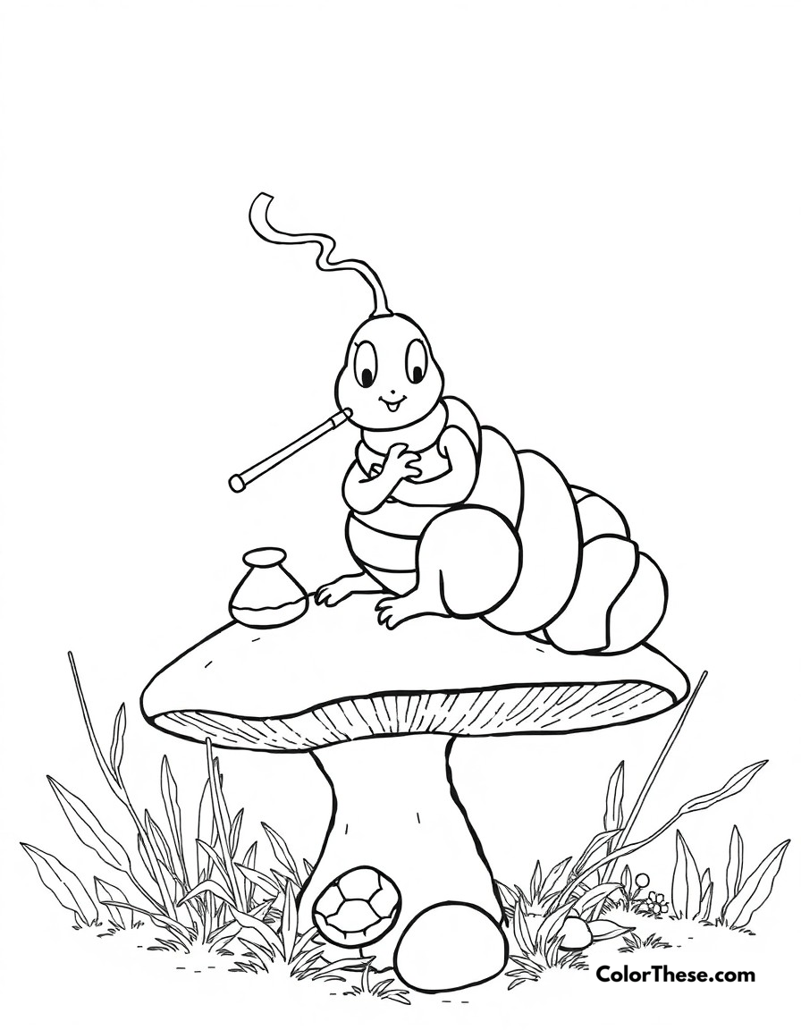 Free printable caterpillar's wisdom coloring page for kids and adults - A the wise caterpillar sitting on his mushroom, smoking his hookah and sharing riddles.