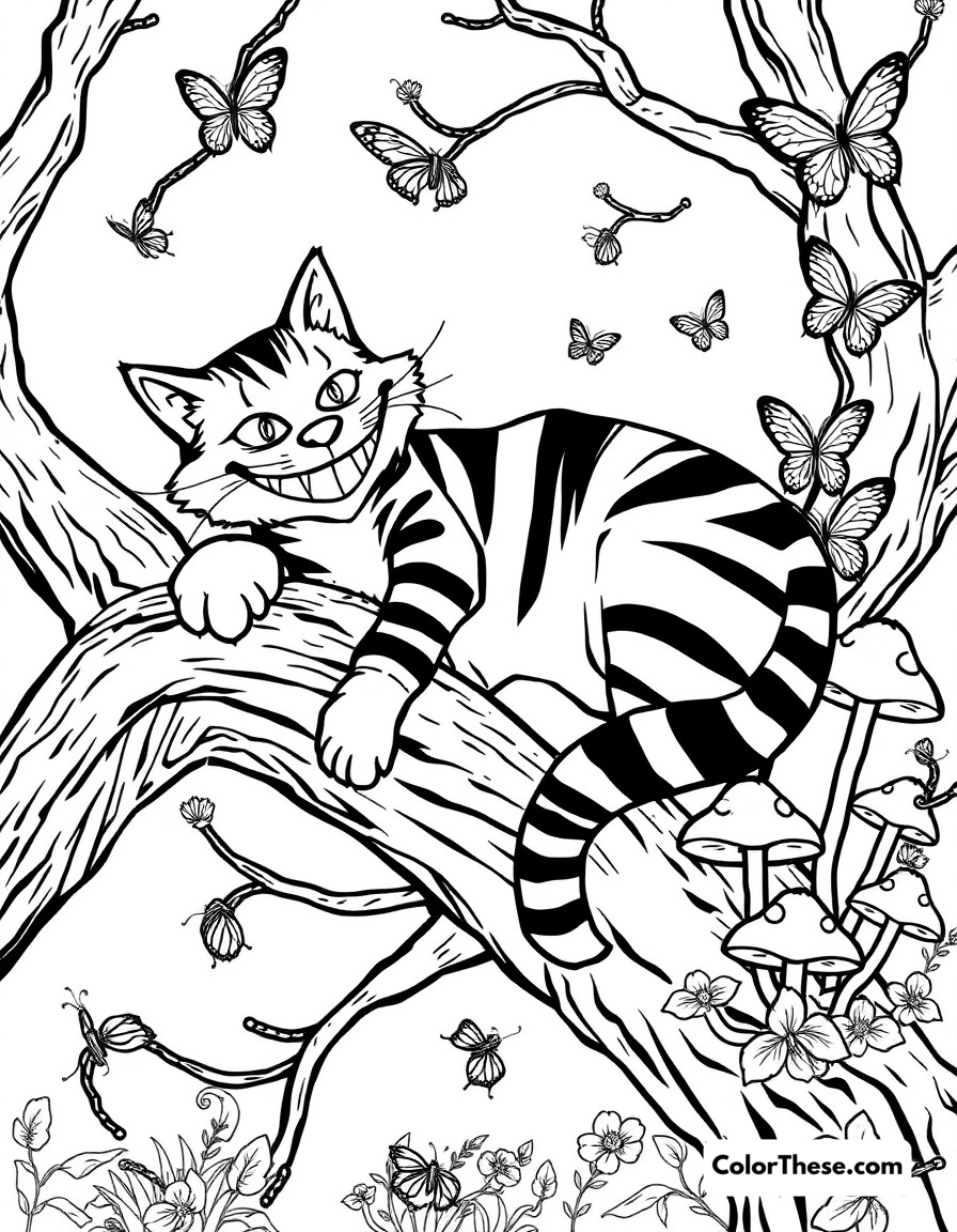 Free printable cheshire cat's tree coloring page for kids and adults - A the mysterious cheshire cat lounging on a tree branch with his famous grin, surrounded by butterflies and mushrooms.