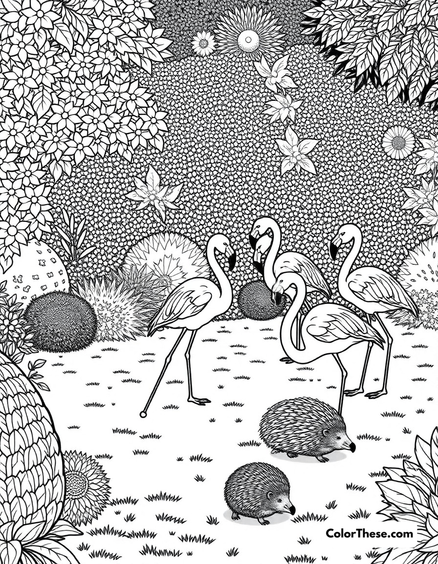 Free printable croquet with flamingos coloring page for kids and adults - A the famous croquet game using flamingos as mallets and hedgehogs as balls in the queen's garden.