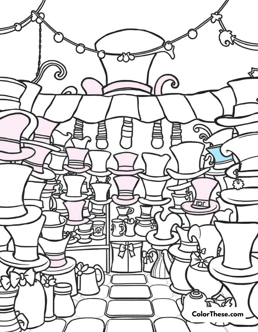 Free printable mad hatter's hat shop coloring page for kids and adults - A the mad hatter's colorful hat shop filled with unique and whimsical hats of all shapes and sizes.