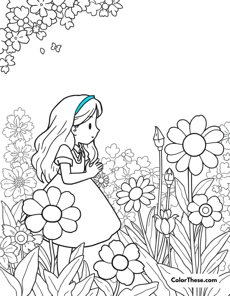 Free printable alice's garden of live flowers coloring page for kids and adults - A alice talking to the living flowers in their garden, each with unique personalities and expressions.