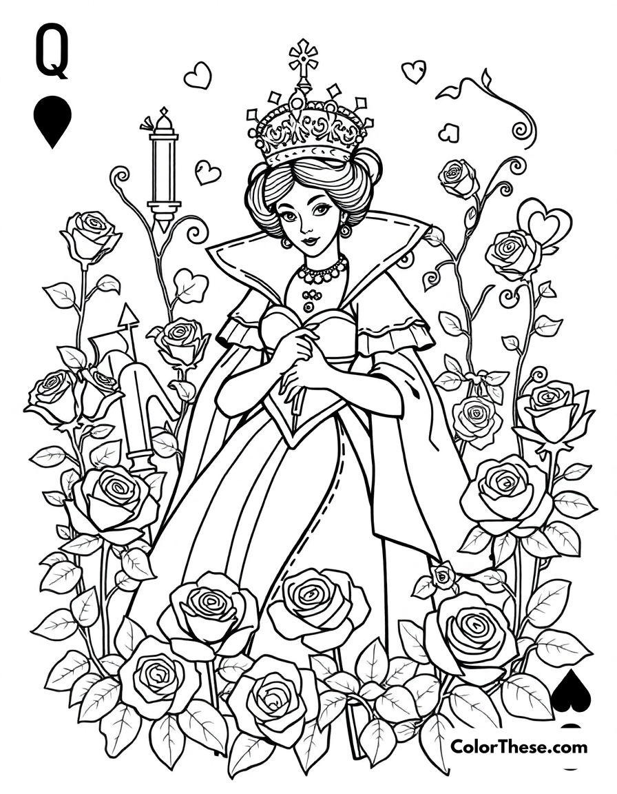 Free printable queen of hearts garden coloring page for kids and adults - A the queen of hearts in her royal garden, surrounded by playing card guards and her famous red roses.