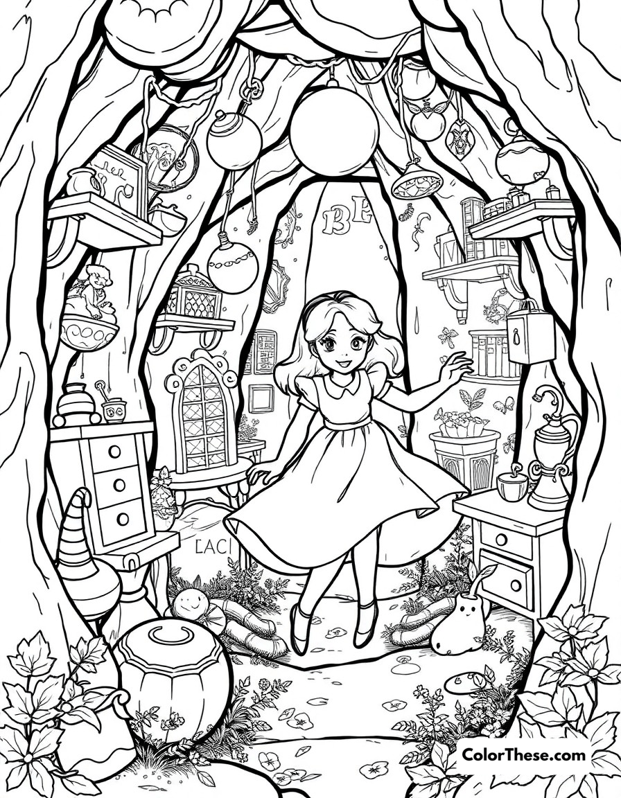 Free printable down the rabbit hole coloring page for kids and adults - A alice falling down the rabbit hole, surrounded by floating furniture and curious objects.