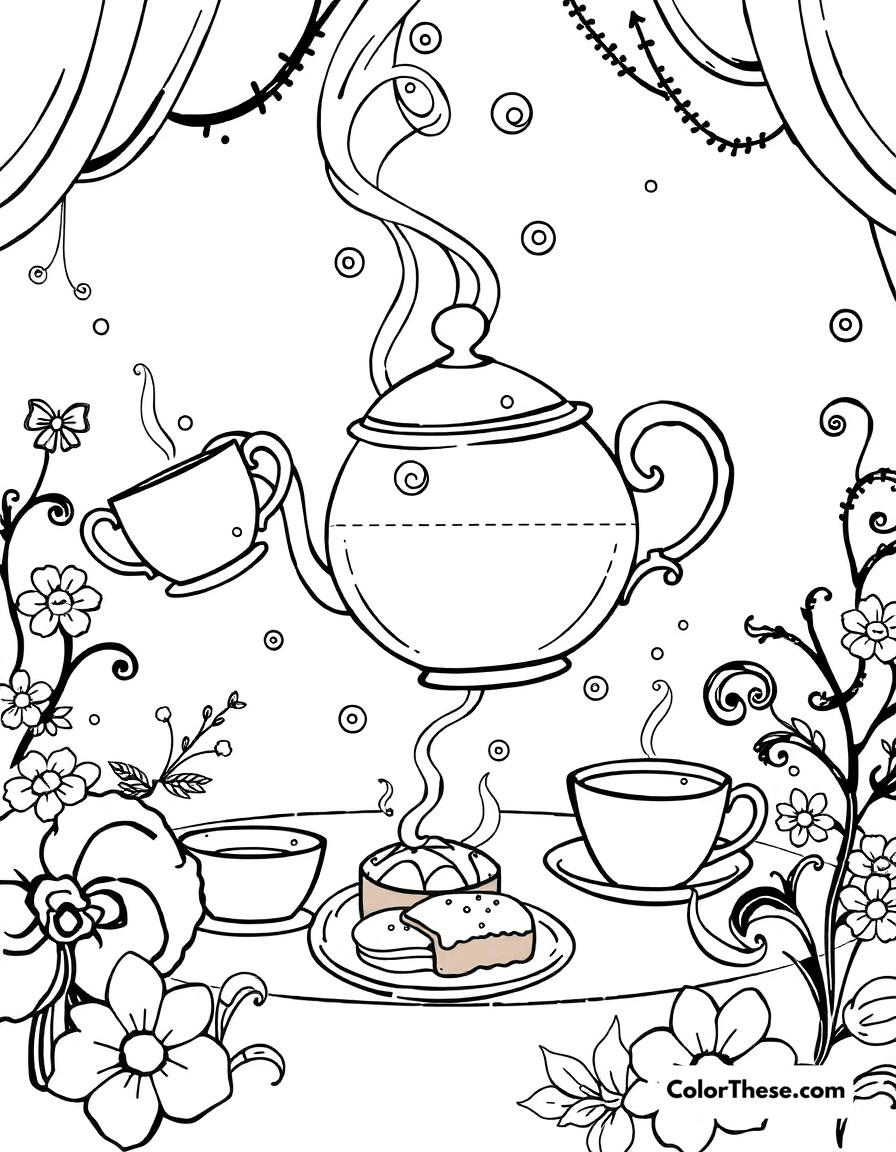 Free printable wonderland tea time coloring page for kids and adults - A a whimsical tea party scene with floating teacups, swirling steam, and magical pastries.