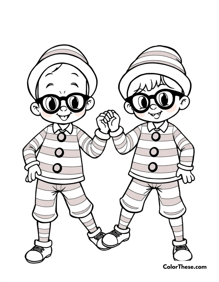 Free printable tweedledee and tweedledum coloring page for kids and adults - A the playful twins tweedledee and tweedledum in their matching outfits, ready for a game.