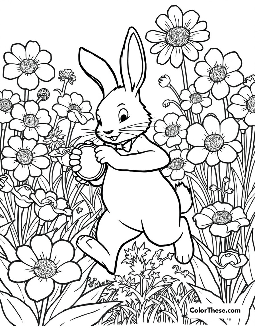 Free printable white rabbit's clock coloring page for kids and adults - A the white rabbit checking his pocket watch, rushing through a garden of oversized flowers.