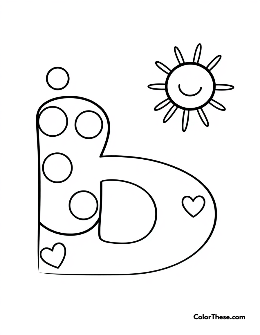 Free printable letter b with dots and hearts coloring page for kids and adults - A a big, fun letter 'b' with dots, hearts, and a smiling sun.