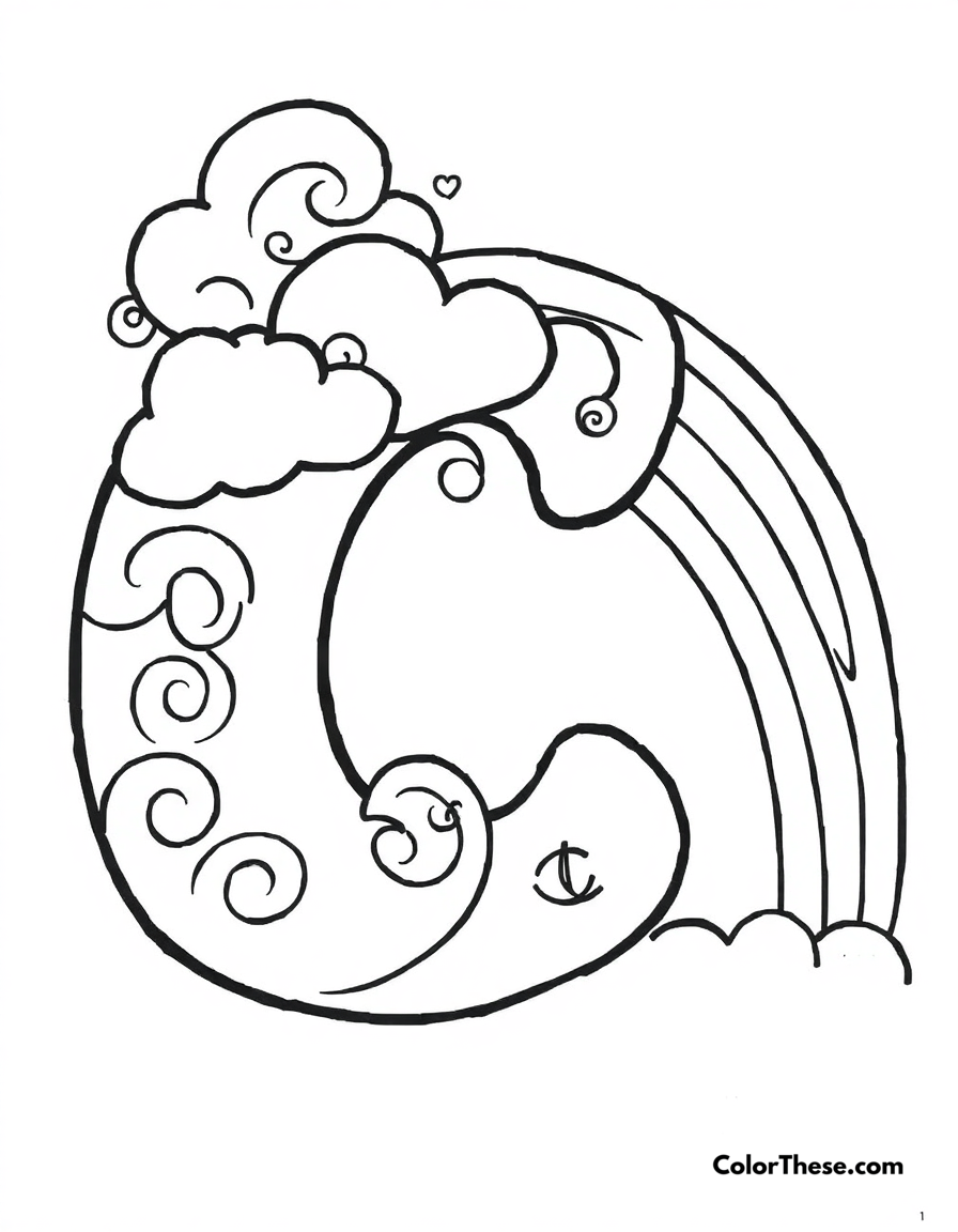 Free printable letter c with swirls and clouds coloring page for kids and adults - A a big, fun letter 'c' with swirls, clouds, and a rainbow.