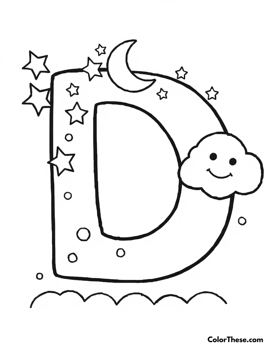 Free printable letter d with stars and moons coloring page for kids and adults - A a big, fun letter 'd' with stars, moons, and a smiling cloud.