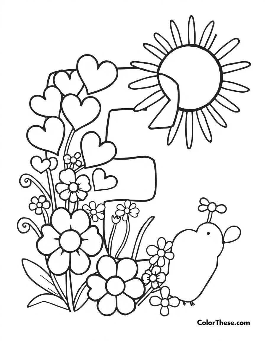 Free printable letter e with hearts and flowers coloring page for kids and adults - A a big, fun letter 'e' with hearts, flowers, and a smiling sun.