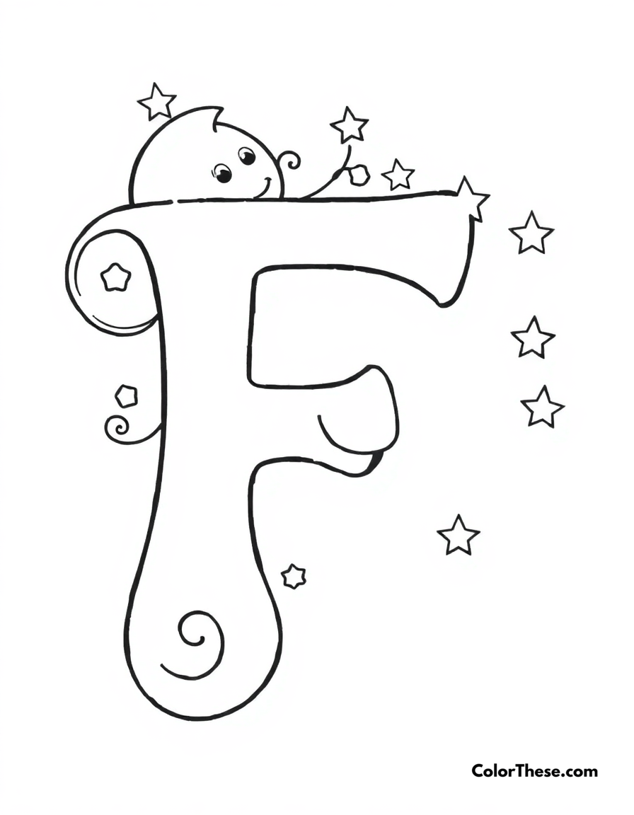 Free printable letter f with swirls and stars coloring page for kids and adults - A a big, fun letter 'f' with swirls, stars, and a smiling moon.