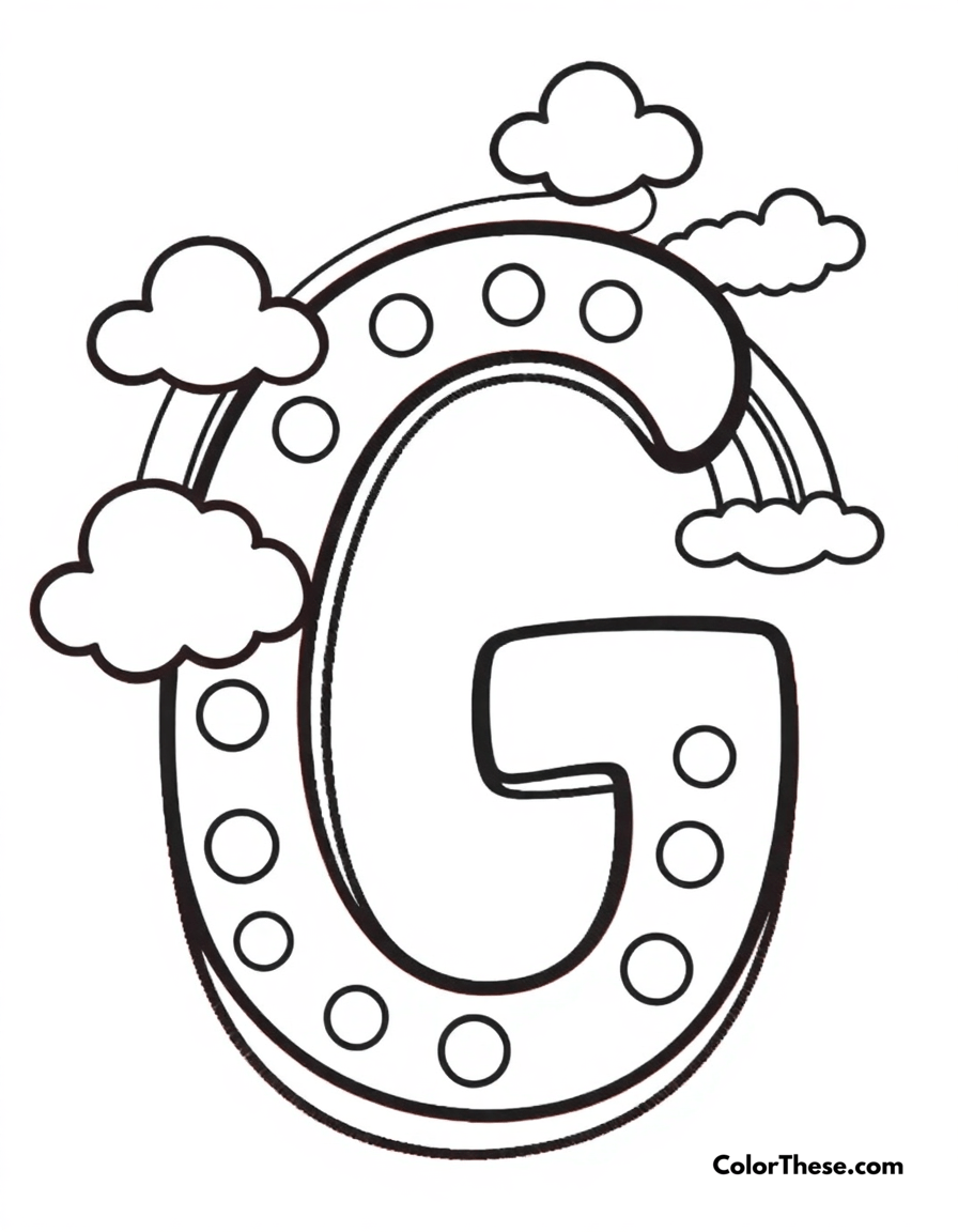 Free printable letter g with dots and clouds coloring page for kids and adults - A a big, fun letter 'g' with dots, clouds, and a rainbow.