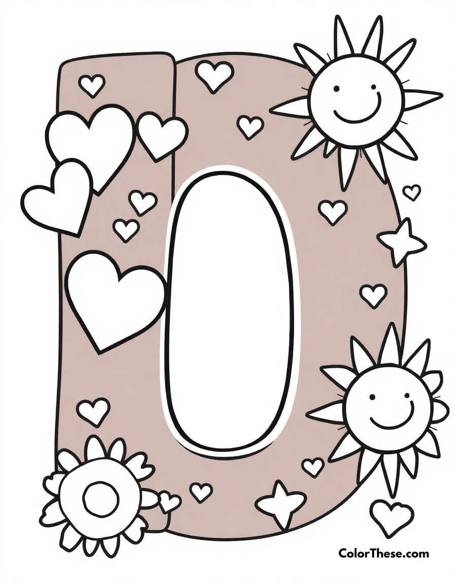 Free printable letter h with hearts and stars coloring page for kids and adults - A a big, fun letter 'h' with hearts, stars, and a smiling sun.