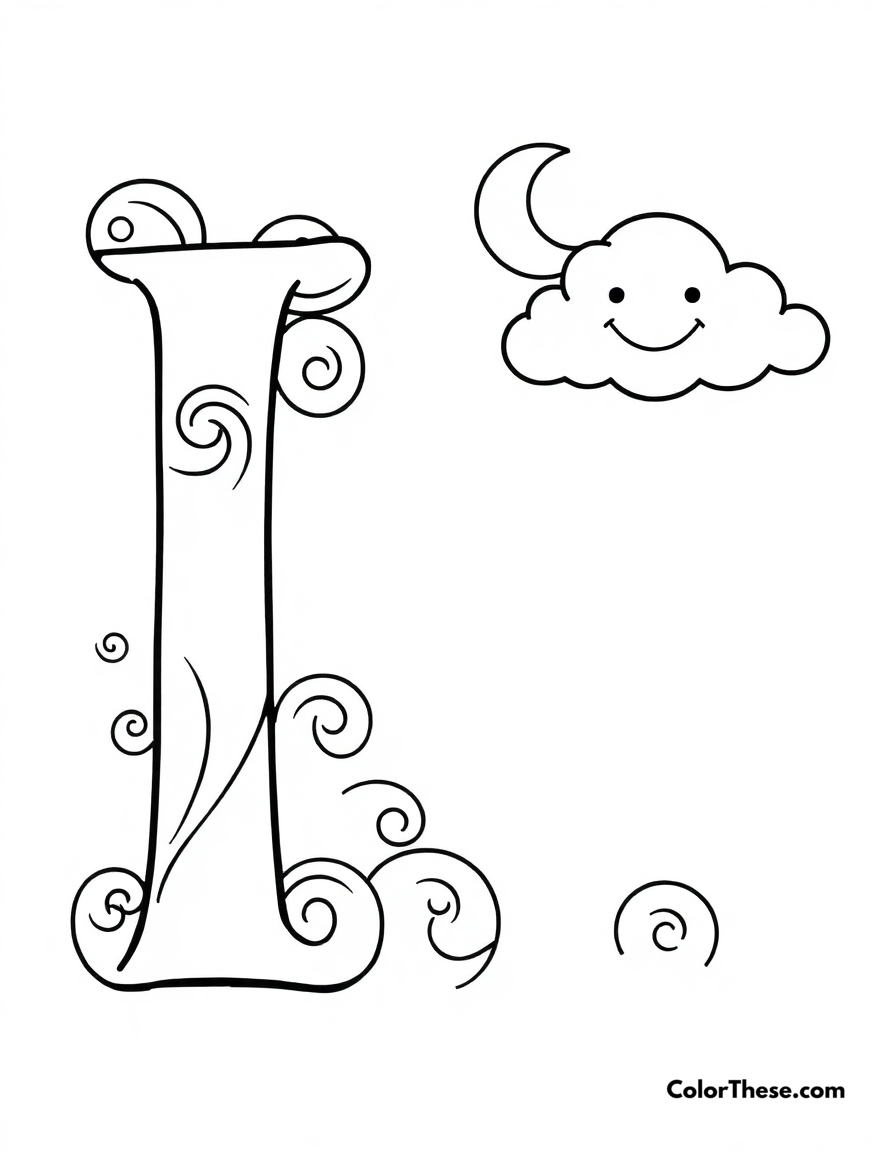 Free printable letter i with swirls and moons coloring page for kids and adults - A a big, fun letter 'i' with swirls, moons, and a smiling cloud.