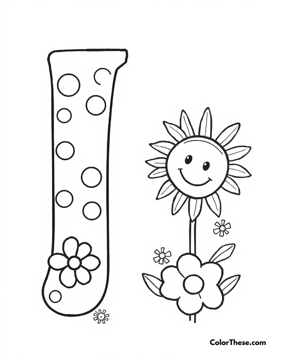 Free printable letter j with dots and flowers coloring page for kids and adults - A a big, fun letter 'j' with dots, flowers, and a smiling sun.