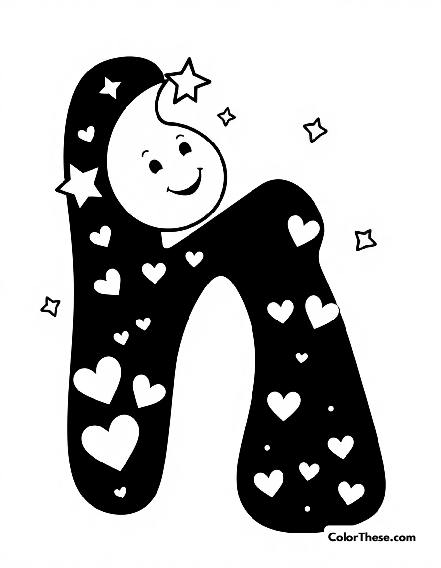 Free printable letter k with stars and hearts coloring page for kids and adults - A a big, fun letter 'k' with stars, hearts, and a smiling moon.