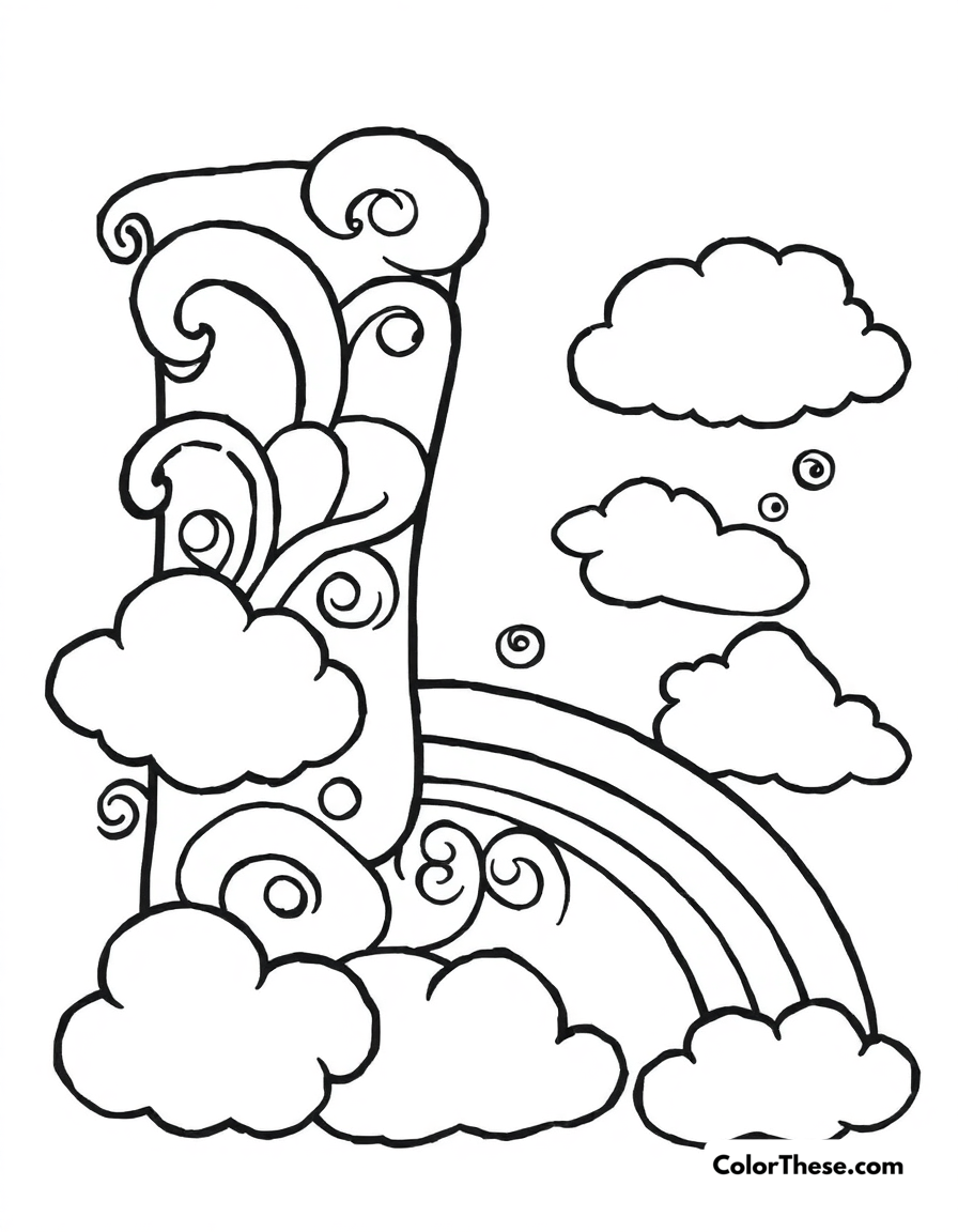 Free printable letter l with swirls and clouds coloring page for kids and adults - A a big, fun letter 'l' with swirls, clouds, and a rainbow.