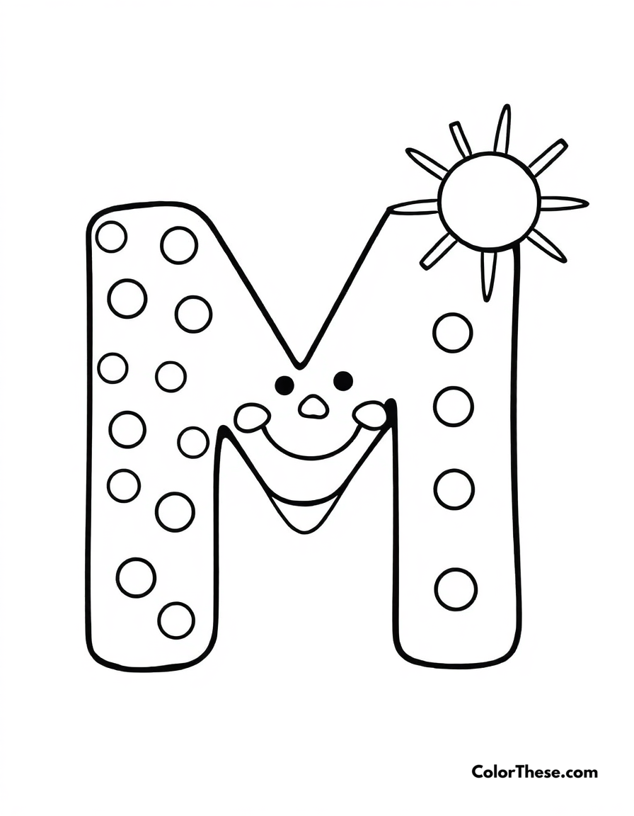 Free printable letter m with dots and stars coloring page for kids and adults - A a big, fun letter 'm' with dots, stars, and a smiling sun.