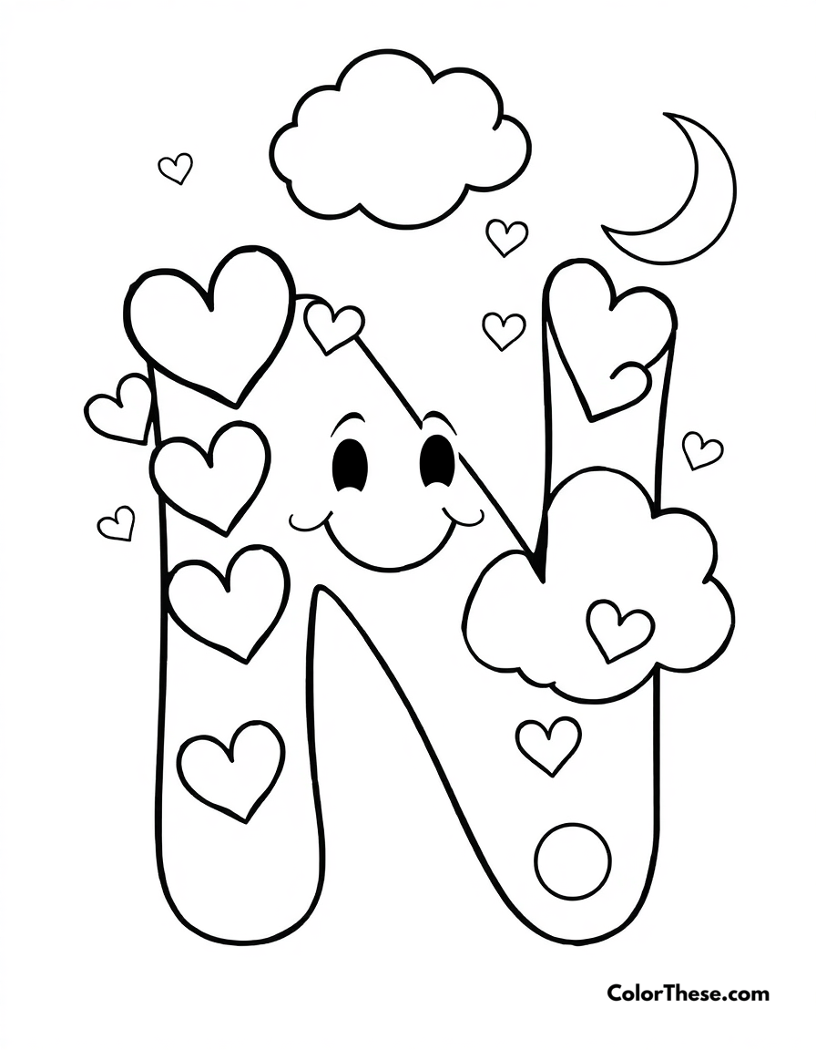 Free printable letter n with hearts and moons coloring page for kids and adults - A a big, fun letter 'n' with hearts, moons, and a smiling cloud.