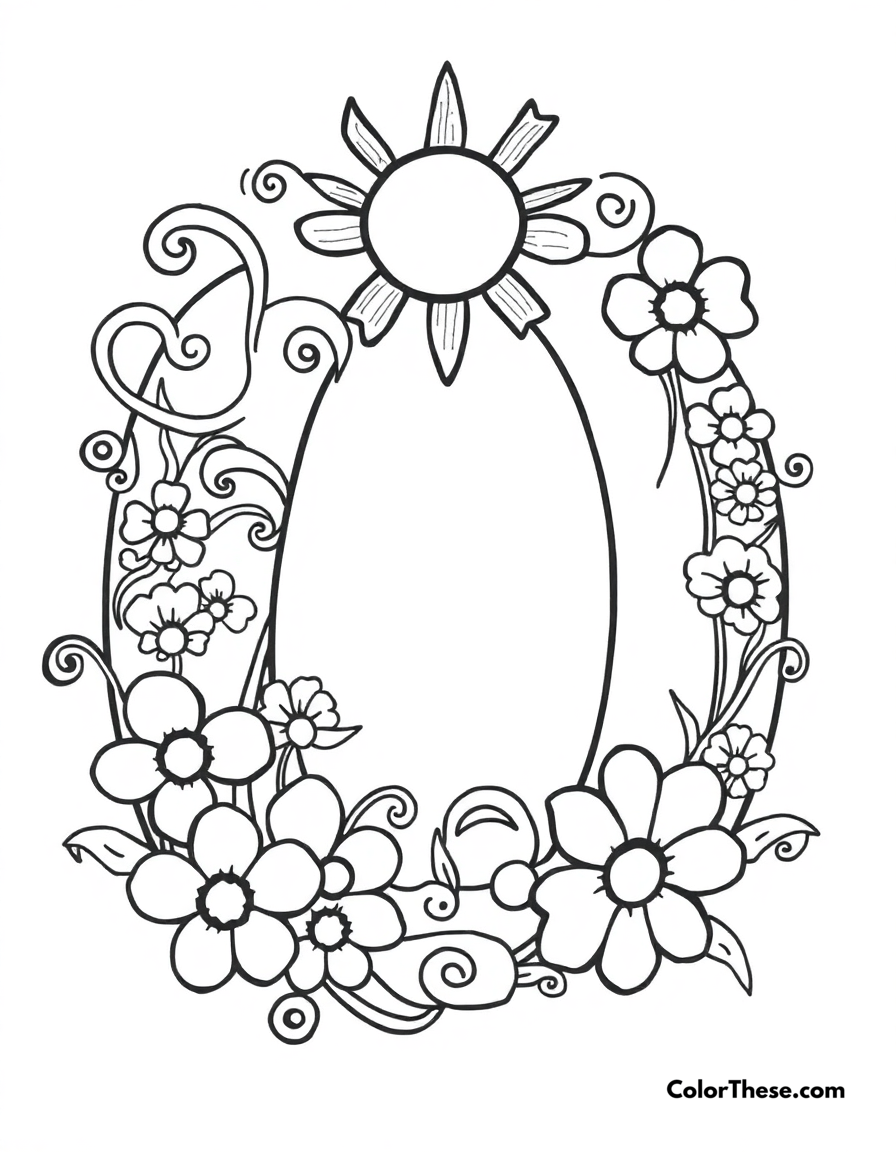 Free printable letter o with swirls and flowers coloring page for kids and adults - A a big, fun letter 'o' with swirls, flowers, and a smiling sun.