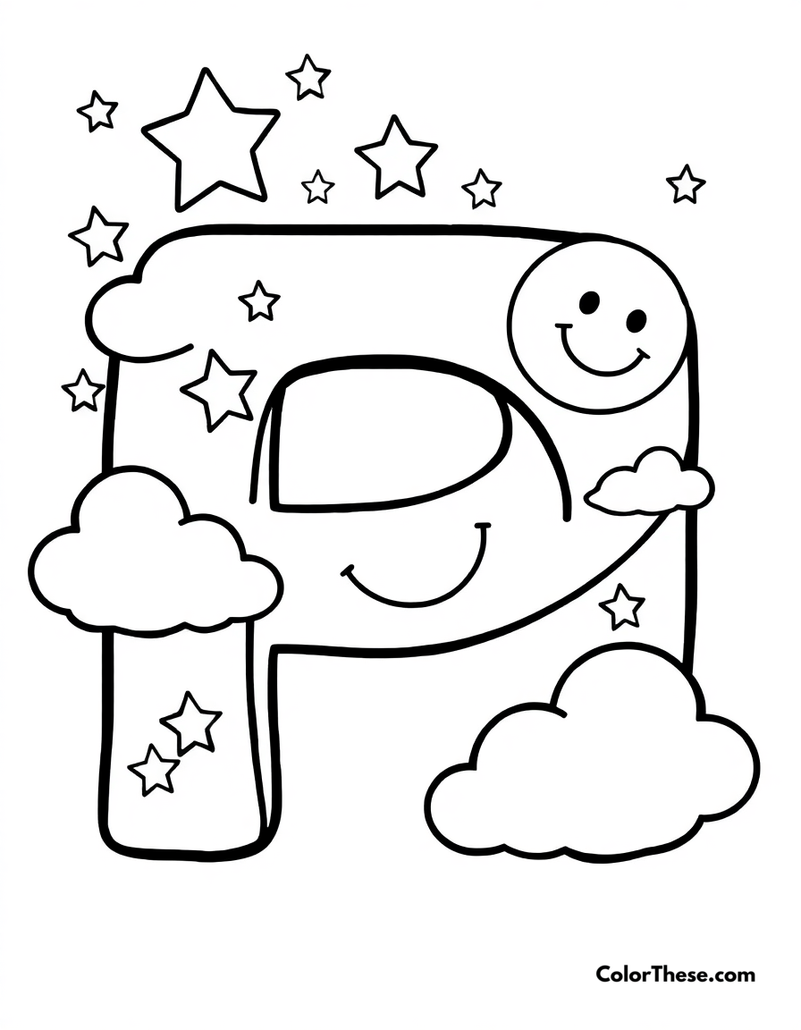 Free printable letter p with stars and clouds coloring page for kids and adults - A a big, fun letter 'p' with stars, clouds, and a smiling moon.