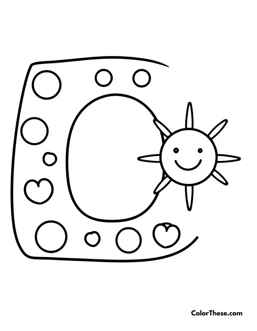 Free printable letter q with dots and hearts coloring page for kids and adults - A a big, fun letter 'q' with dots, hearts, and a smiling sun.