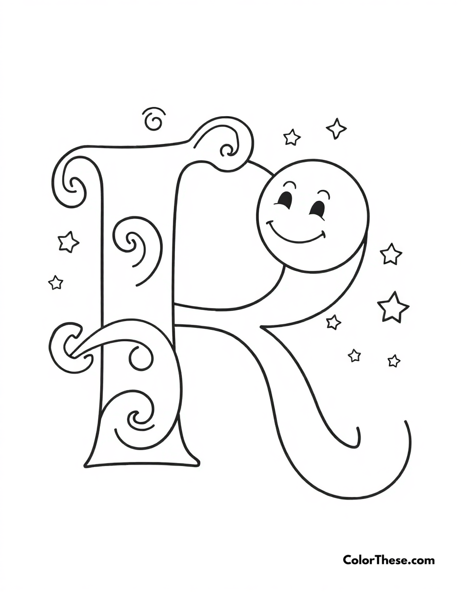 Free printable letter r with swirls and stars coloring page for kids and adults - A a big, fun letter 'r' with swirls, stars, and a smiling moon.