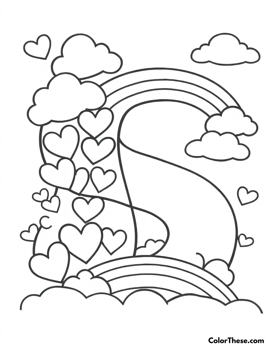 Free printable letter s with hearts and clouds coloring page for kids and adults - A a big, fun letter 's' with hearts, clouds, and a rainbow.