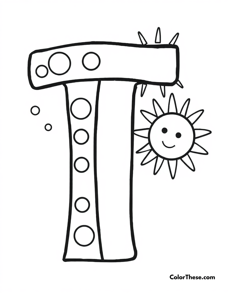 Free printable letter t with dots and moons coloring page for kids and adults - A a big, fun letter 't' with dots, moons, and a smiling sun.