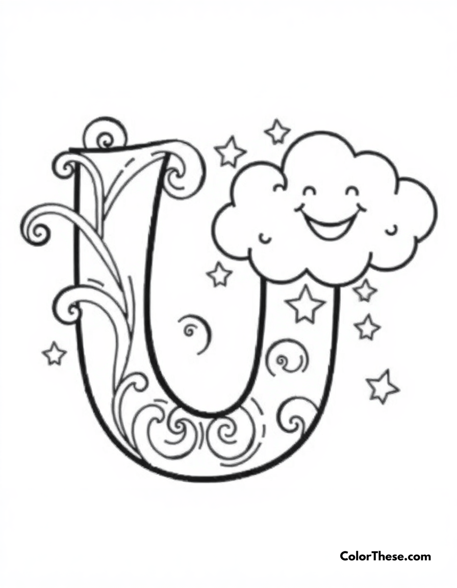 Free printable letter u with swirls and stars coloring page for kids and adults - A a big, fun letter 'u' with swirls, stars, and a smiling cloud.