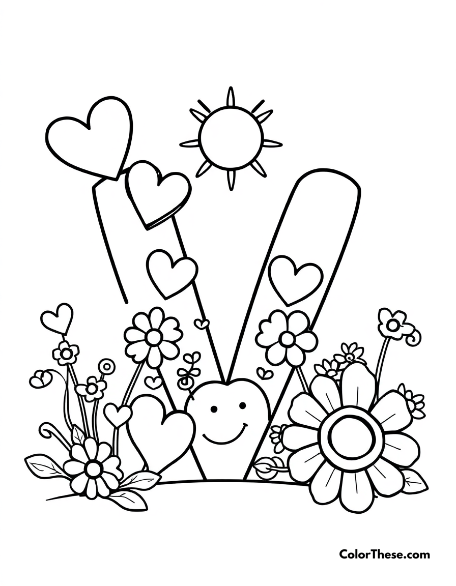 Free printable letter v with hearts and flowers coloring page for kids and adults - A a big, fun letter 'v' with hearts, flowers, and a smiling sun.