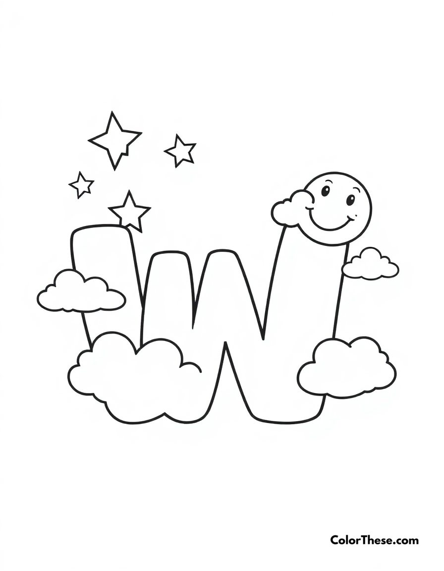 Free printable letter w with stars and clouds coloring page for kids and adults - A a big, fun letter 'w' with stars, clouds, and a smiling moon.