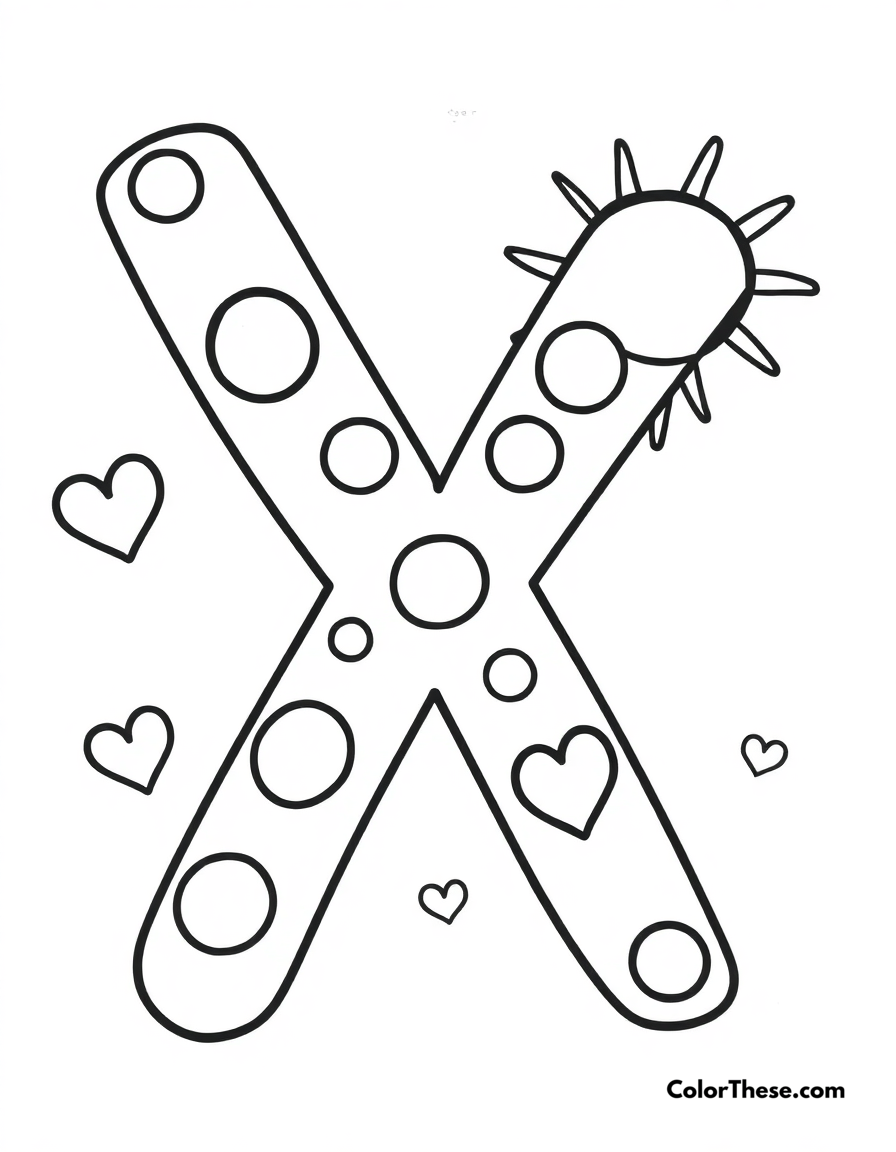 Free printable letter x with dots and hearts coloring page for kids and adults - A a big, fun letter 'x' with dots, hearts, and a smiling sun.