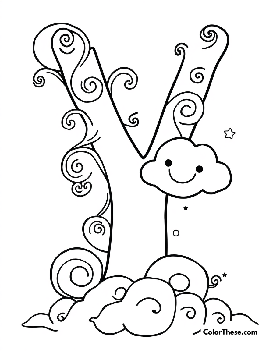 Free printable letter y with swirls and moons coloring page for kids and adults - A a big, fun letter 'y' with swirls, moons, and a smiling cloud.