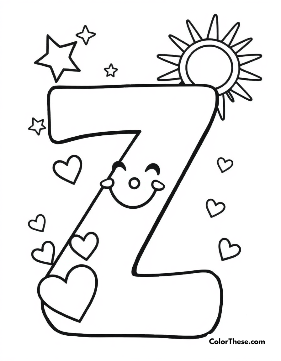 Free printable letter z with stars and hearts coloring page for kids and adults - A a big, fun letter 'z' with stars, hearts, and a smiling sun.