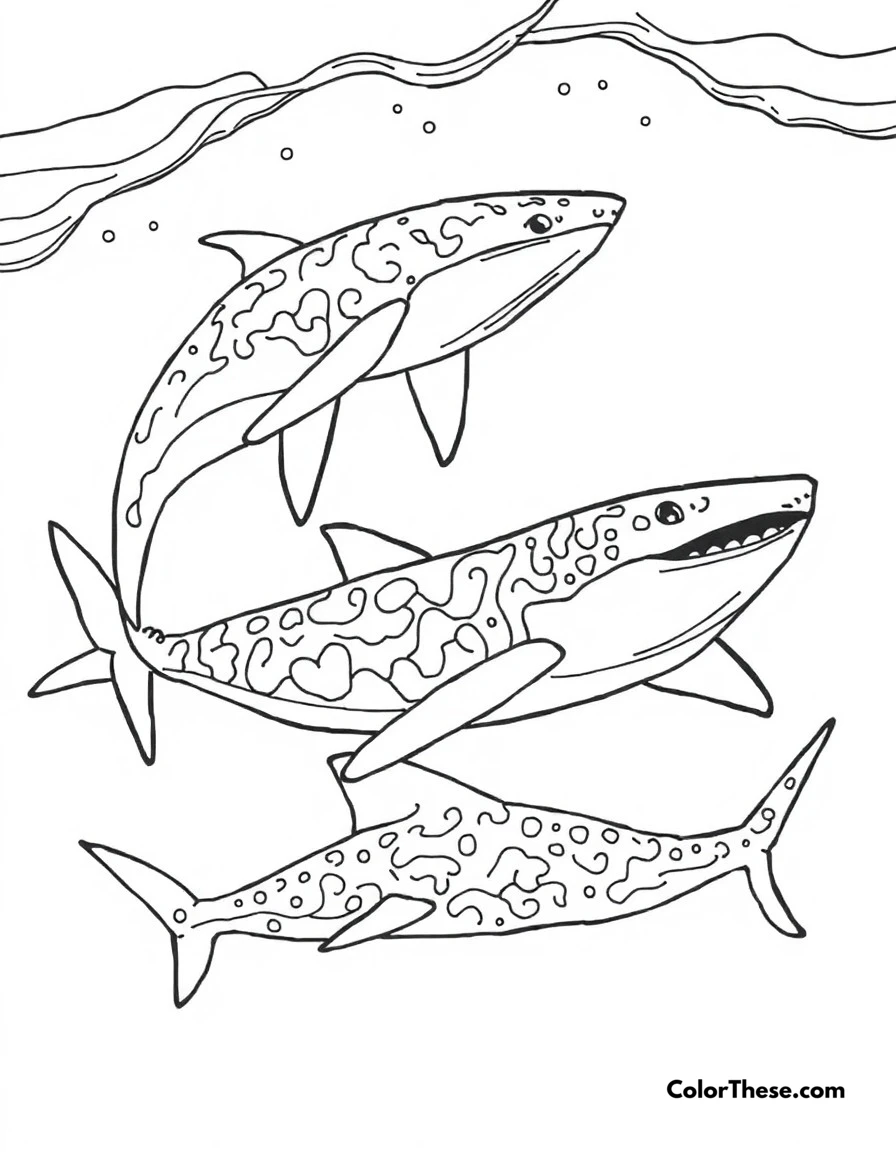 Free printable ocean giants coloring page. Majestic whales and gentle whale sharks gliding through deep ocean waters.