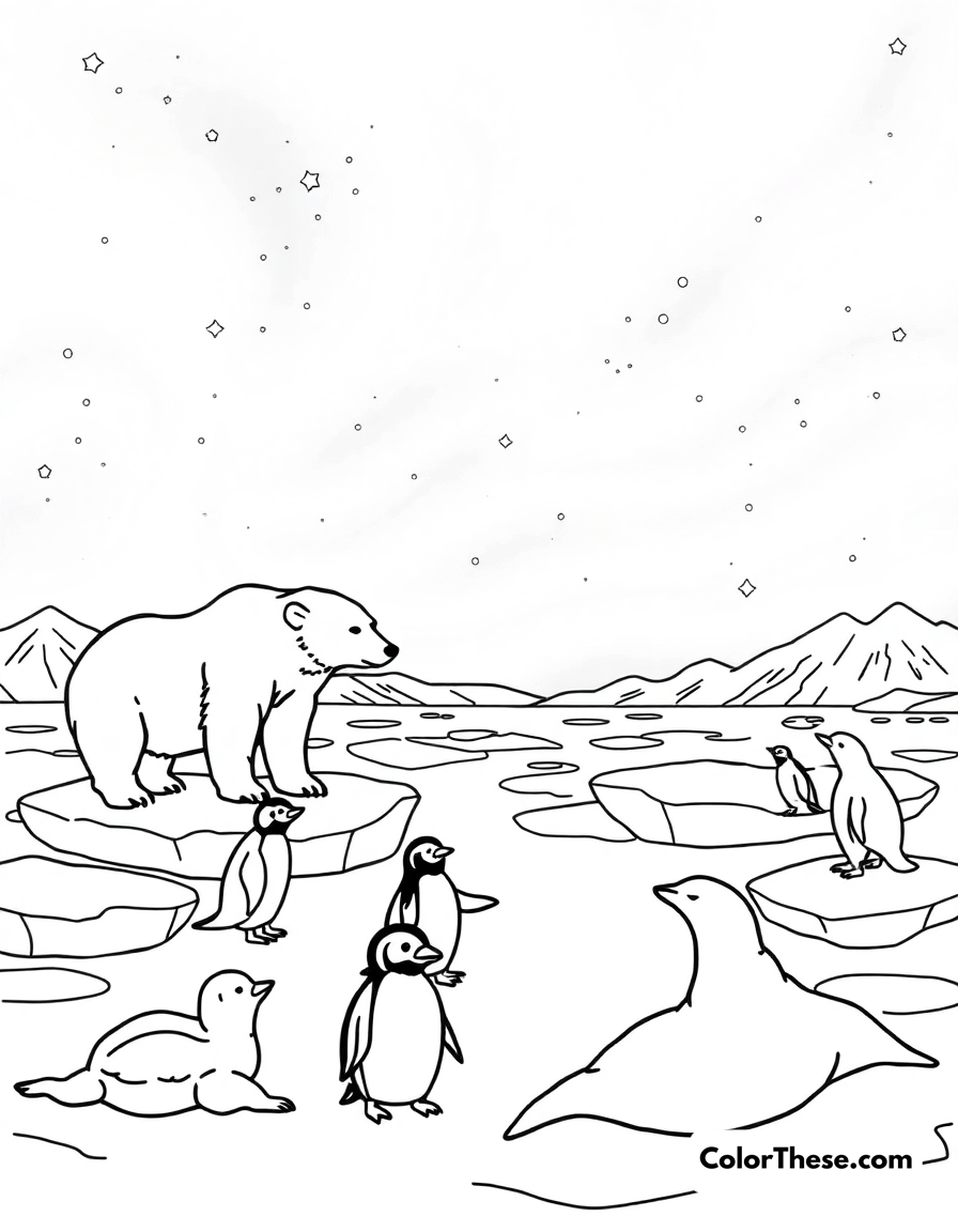 Free printable arctic adventure coloring page for kids and adults - A polar bears, penguins, and seals playing on ice floes under the northern lights.