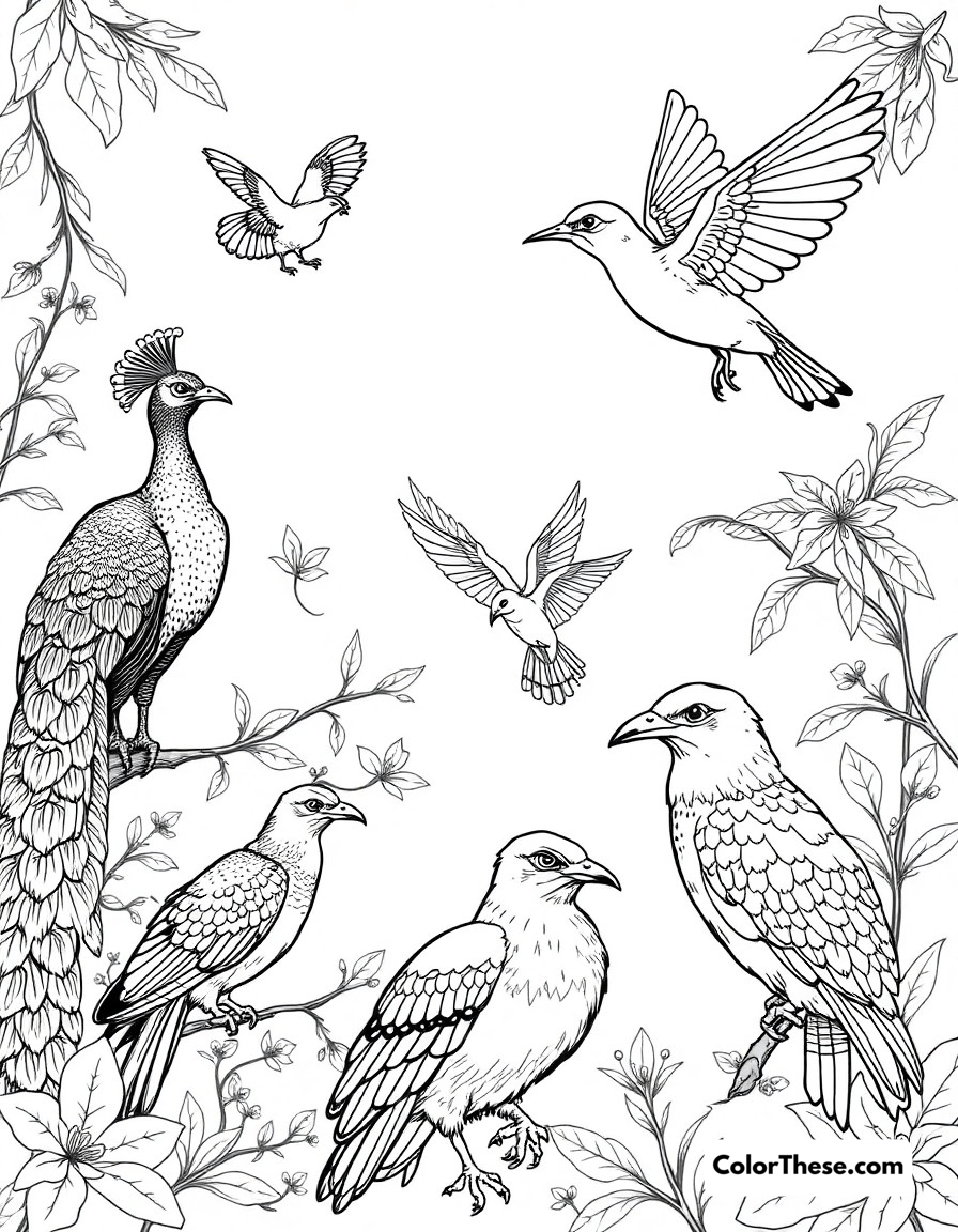 Free printable bird paradise coloring page for kids and adults - A a collection of beautiful birds including peacocks, hummingbirds, and eagles in their habitats.