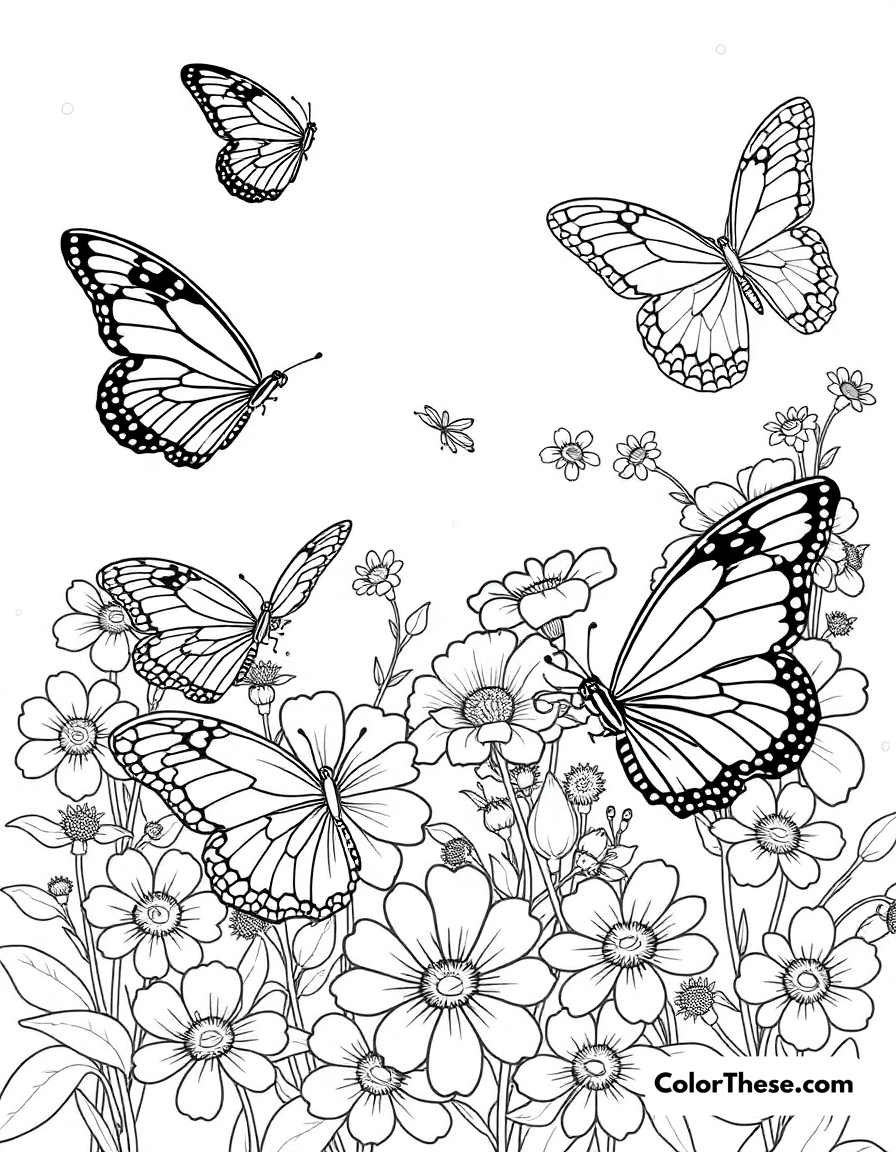 Free printable butterfly garden coloring page for kids and adults - A beautiful butterflies of different species fluttering among colorful flowers.