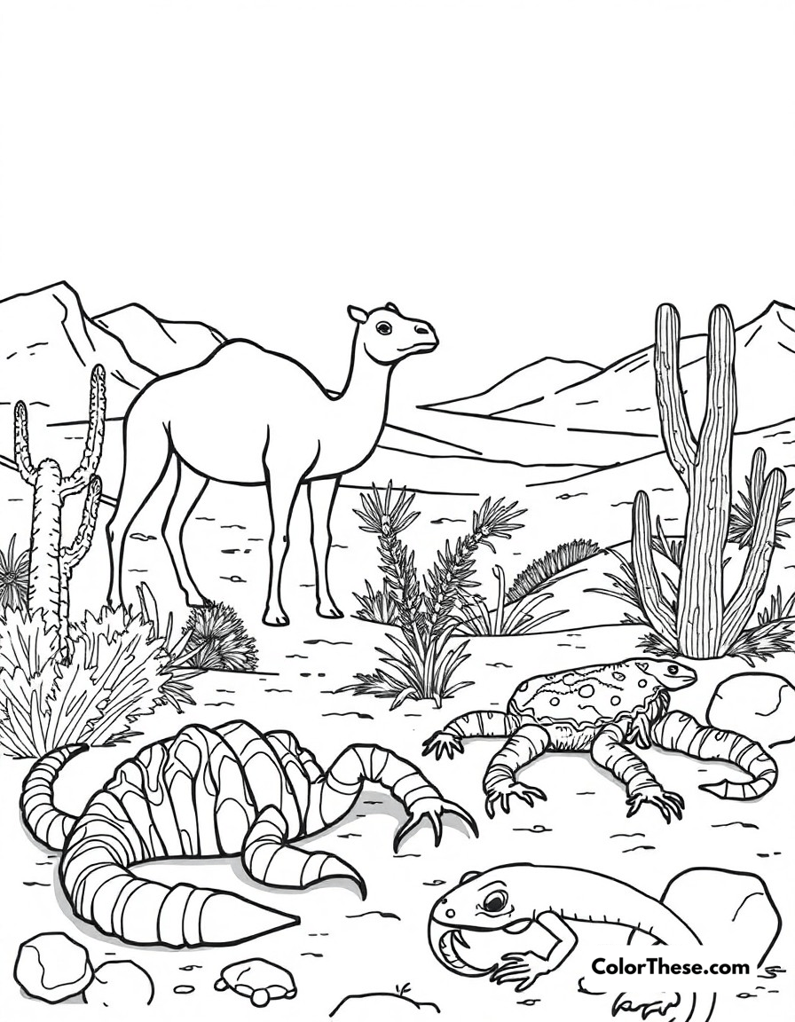 Free printable desert life coloring page for kids and adults - A camels, scorpions, and lizards surviving in their harsh but beautiful desert environment.