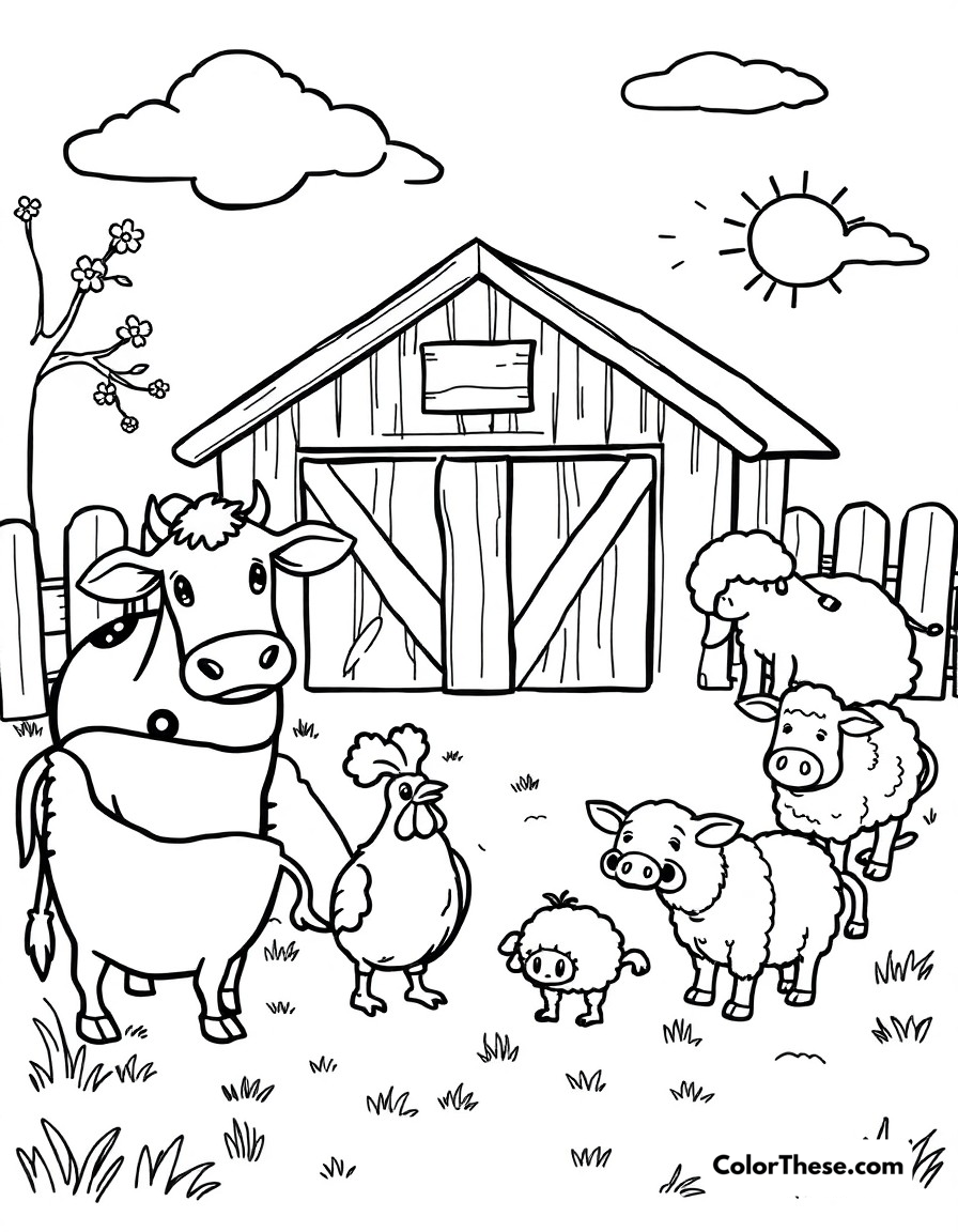 Free printable farm life coloring page for kids and adults - A a cheerful barnyard scene with cows, chickens, pigs, and sheep enjoying a sunny day.