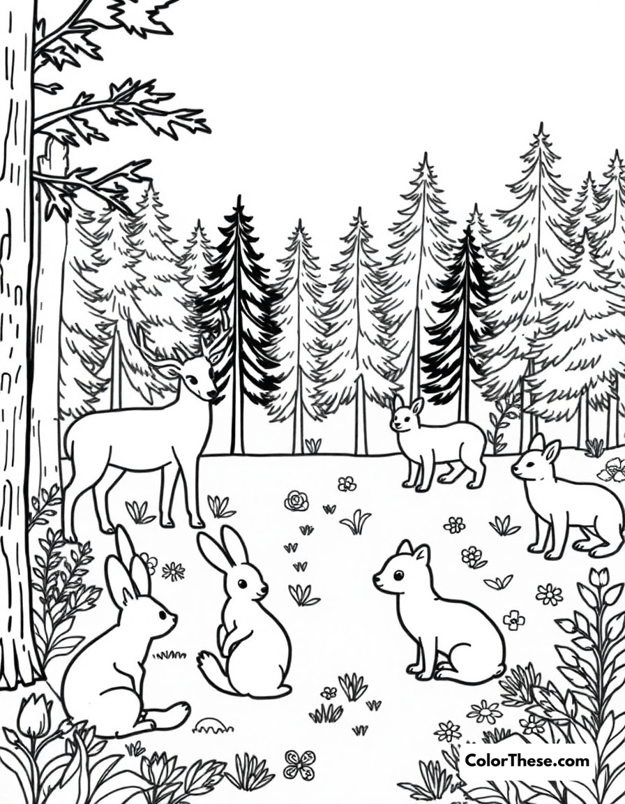 Free printable forest friends coloring page for kids and adults - A woodland creatures including deer, rabbits, and foxes gathered in a peaceful forest clearing.