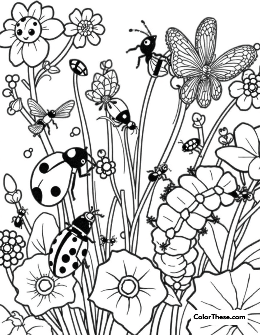 Free printable insect world coloring page for kids and adults - A a fascinating micro-world of ladybugs, bees, ants, and caterpillars among garden plants.