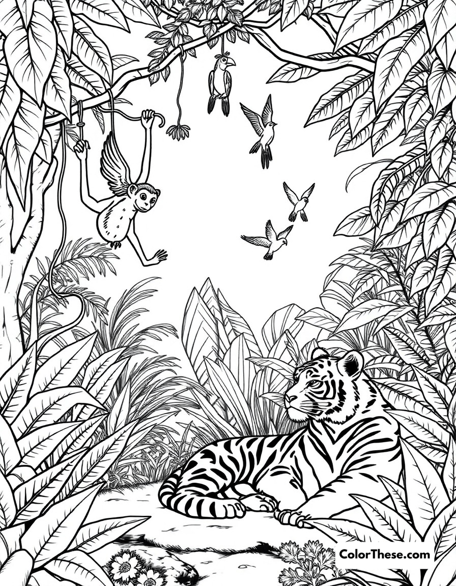 Free printable jungle adventures coloring page for kids and adults - A a lively jungle scene with monkeys swinging from vines, parrots flying, and a tiger resting nearby.