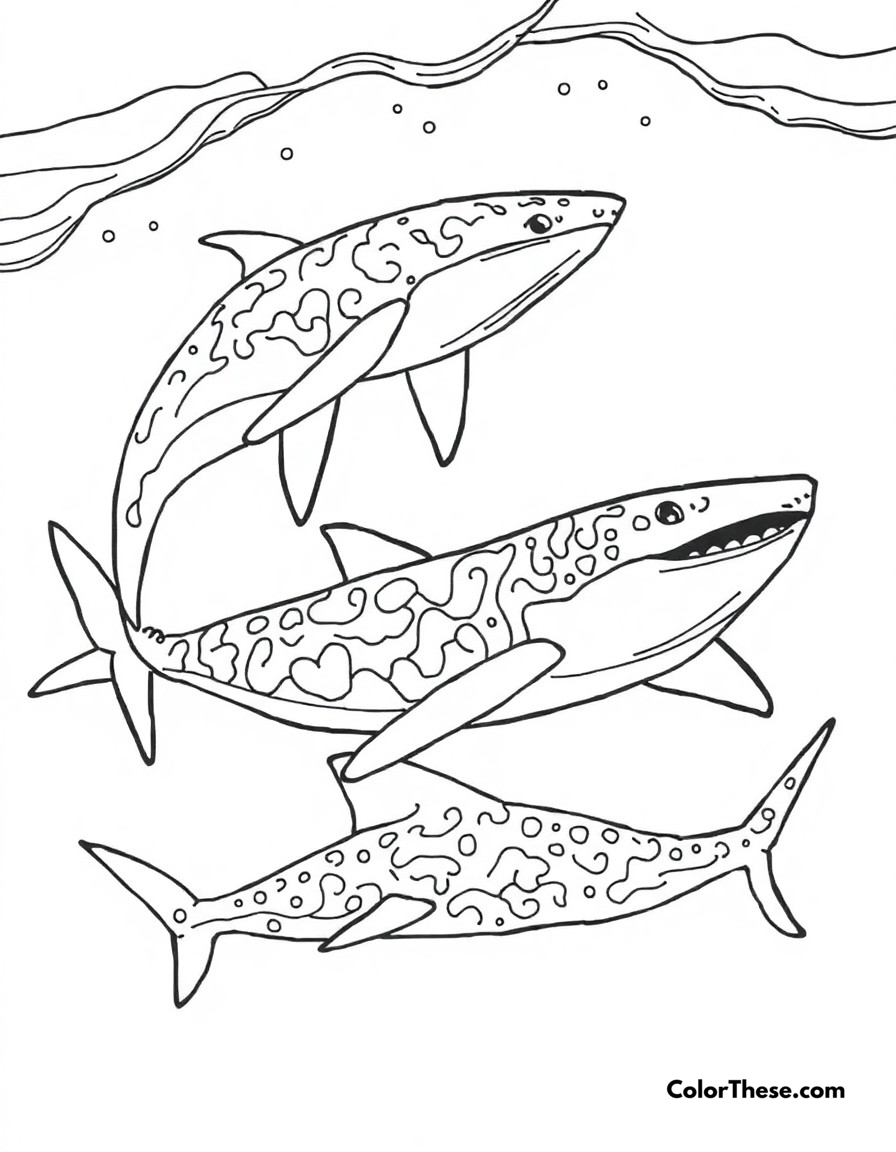 Free printable ocean giants coloring page for kids and adults - A majestic whales and gentle whale sharks gliding through deep ocean waters.