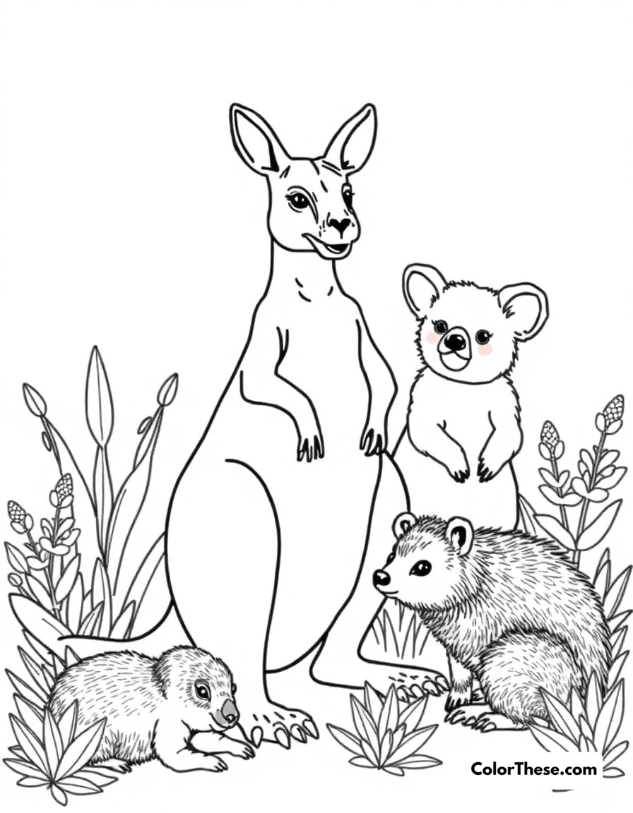 Free printable australian outback coloring page for kids and adults - A kangaroos, koalas, and wombats in their natural australian habitat with distinctive flora.