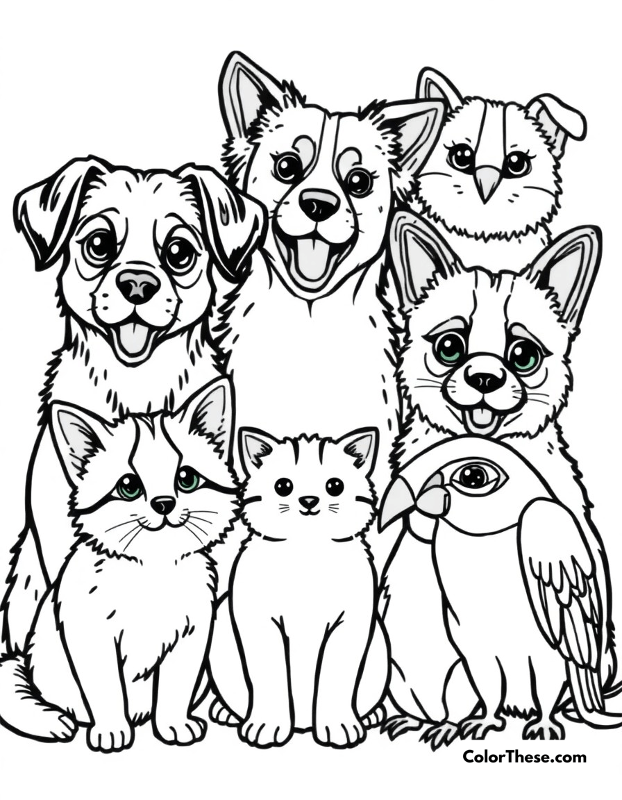 Free printable pet parade coloring page for kids and adults - A adorable pets including dogs, cats, hamsters, and parrots showing off their personalities.