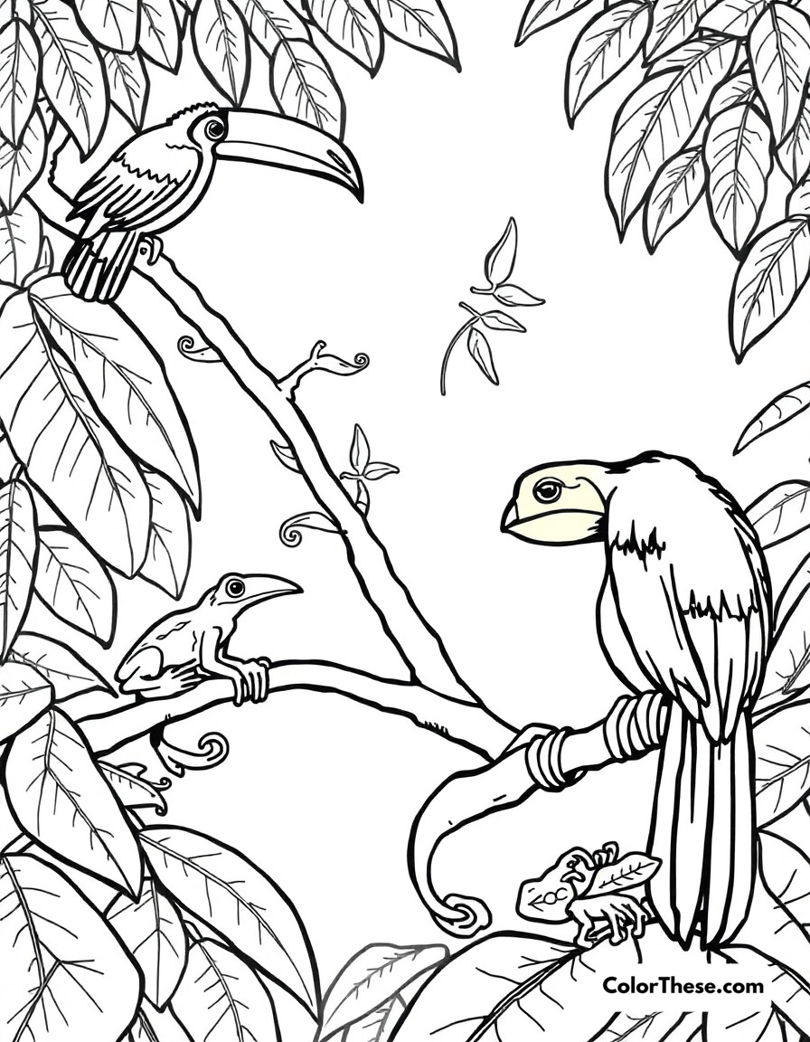 Free printable rainforest canopy coloring page for kids and adults - A toucans, sloths, and tree frogs living high in the rainforest canopy.